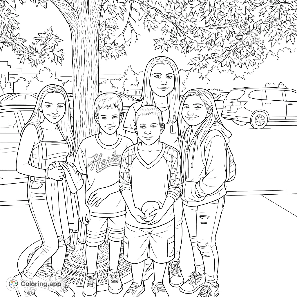 A heartwarming free printable coloring page featuring five smiling children gathered under a large tree, perfect for kids and family fun.