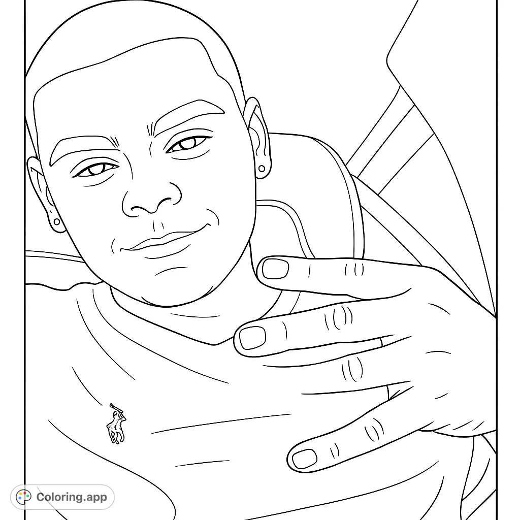 A cool portrait coloring page featuring a person with a buzzed haircut and a prominent hand gesture, perfect for personalizing with vibrant colors.
