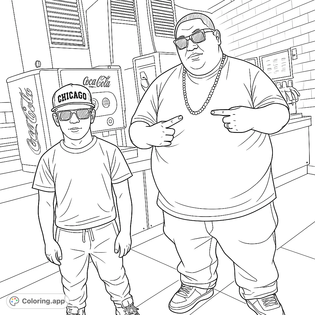 An urban style coloring page featuring two distinct figures in a casual setting, perfect for fashion and character enthusiasts. Free printable coloring page.