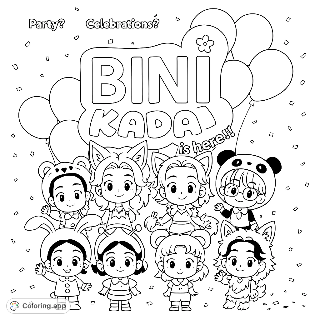 Eight adorable chibi characters in various animal costumes celebrate amidst balloons and confetti, perfect for a fun, festive coloring experience.