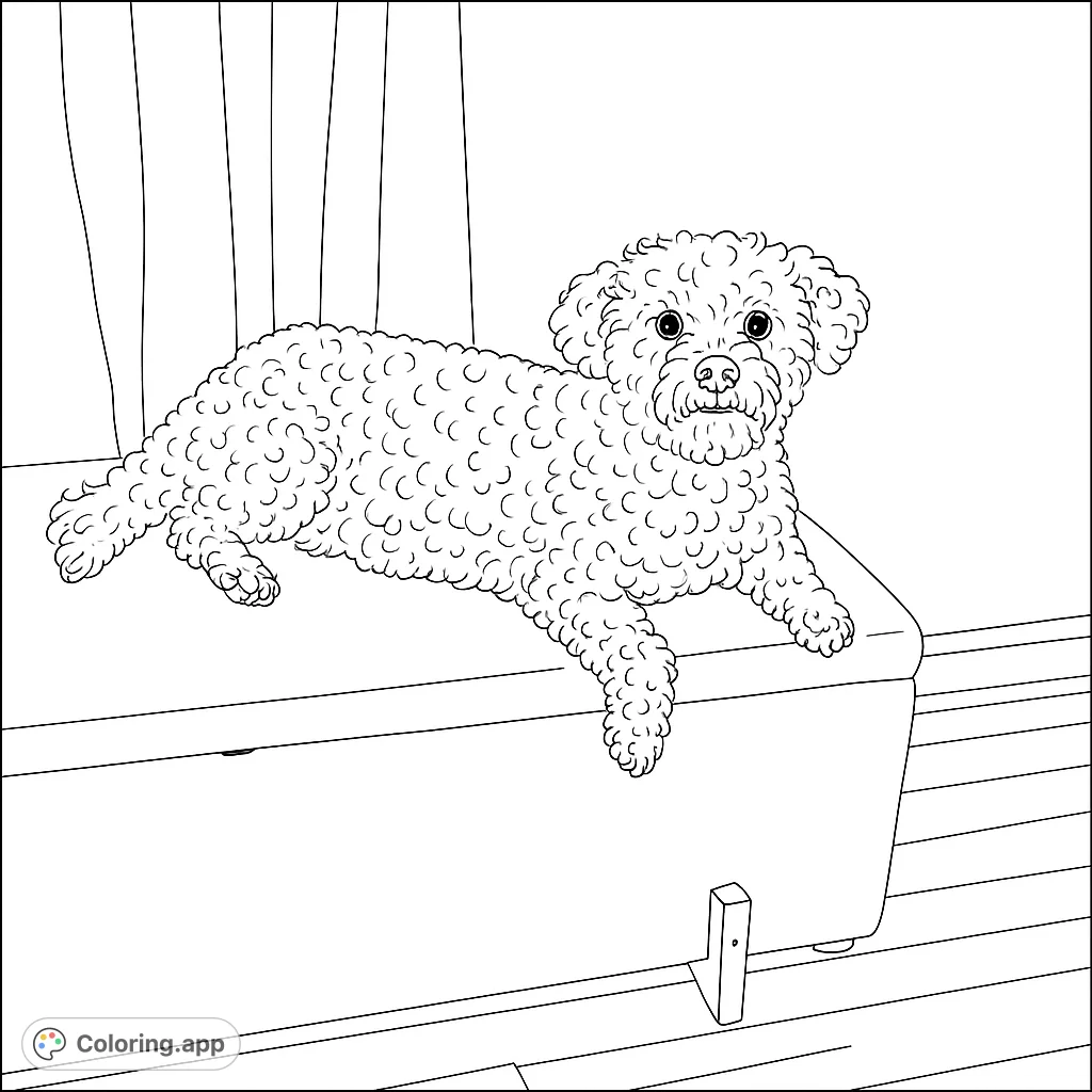 A charming fluffy dog rests on a cozy couch, ready for a splash of color. Perfect for dog lovers and a relaxing coloring experience.