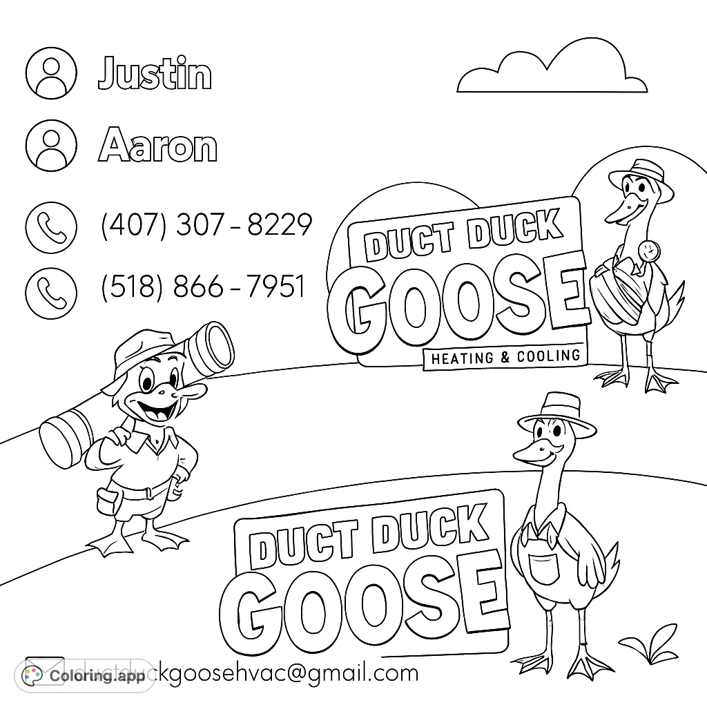 A fun, free printable HVAC coloring page featuring three cheerful cartoon ducks and geese with pipes, ready for a creative adventure.