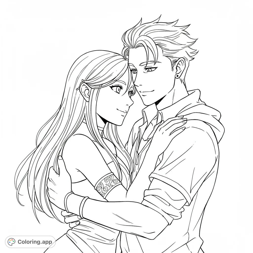 A romantic couple embraces in a tender moment, perfect for a free printable romantic couple coloring page. Enjoy this anime love coloring page for adults.