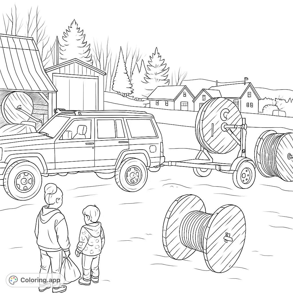 Explore a detailed rural scene featuring an SUV, cable spools, and two figures, set against a backdrop of houses and trees. Perfect for all ages!