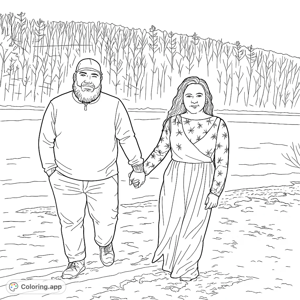 A romantic couple's lakeside walk coloring page, perfect for celebrating love. Features a man and woman holding hands by a serene lake and forest.