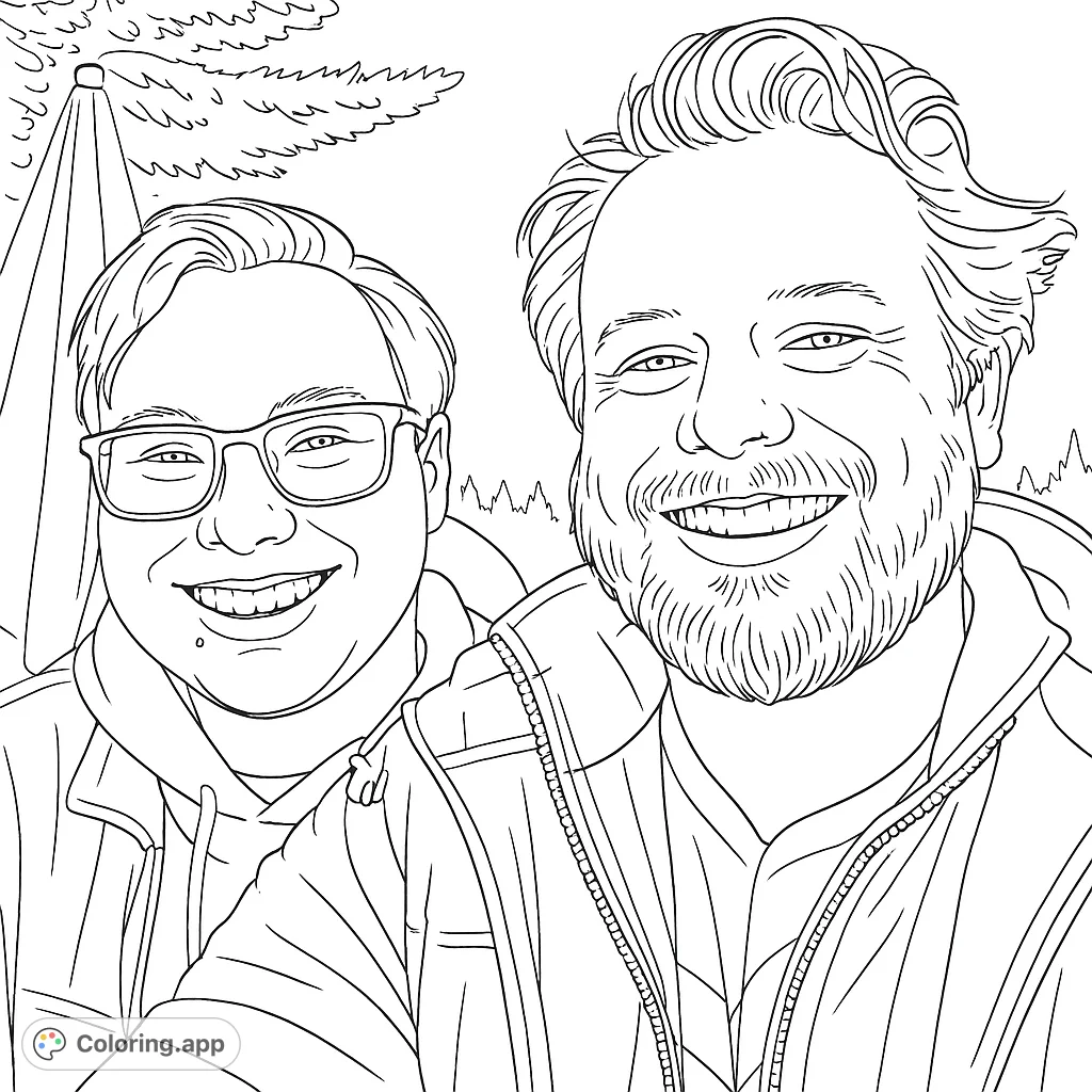 A heartwarming free printable coloring page featuring two smiling men, perfect for personalizing with vibrant colors. A joyful portrait for all ages.