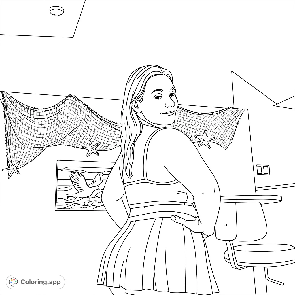 A charming casual pose coloring page featuring a woman with a nautical backdrop of fishing nets and starfish, perfect for relaxation.