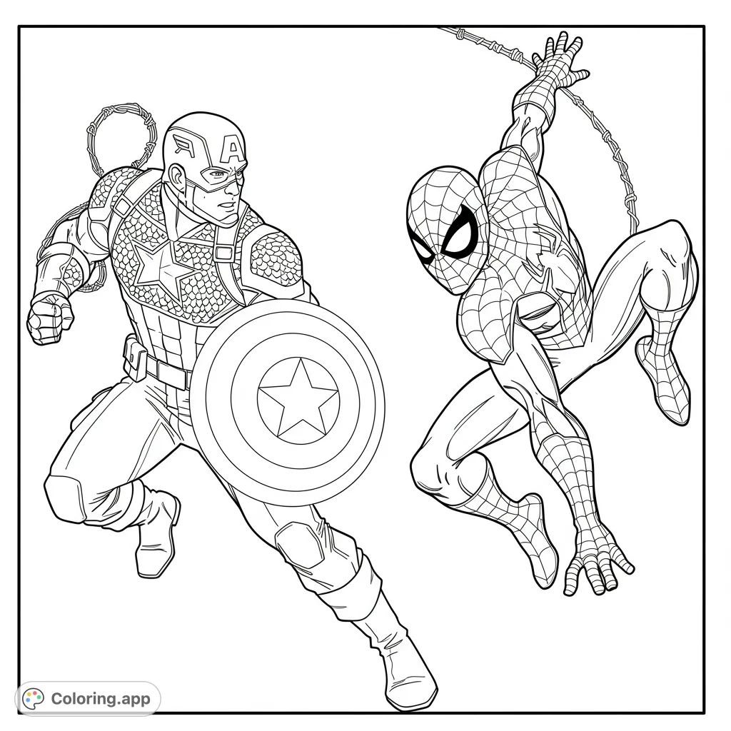 An action-packed superhero coloring page featuring Captain America and Spider-Man in dynamic poses, perfect for fans of all ages.