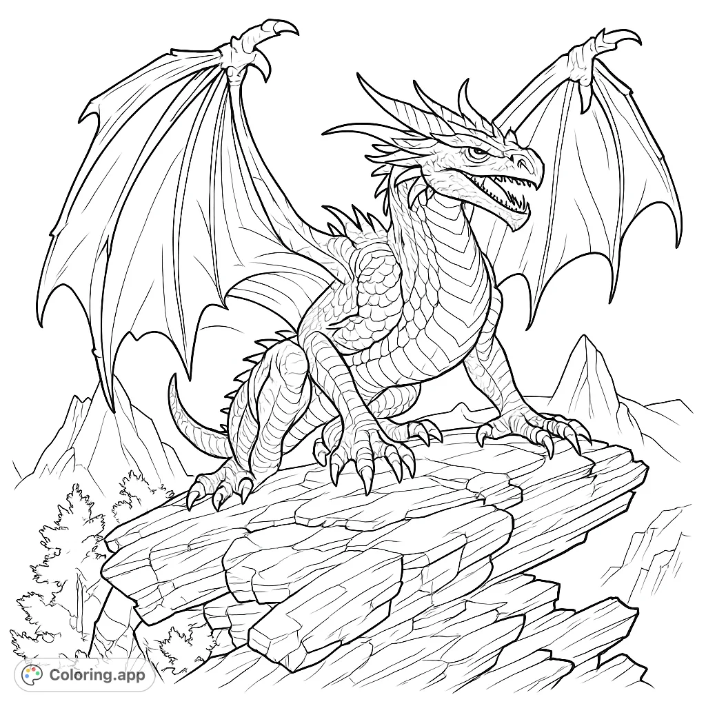 A powerful dragon with spread wings perches on a rocky peak, ready for adventure. Intricate details make this fantasy coloring page a thrilling challenge.