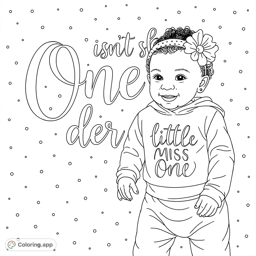 Celebrate a special milestone with this adorable baby's first birthday coloring page. A smiling baby with a flower headband, ready for vibrant colors!