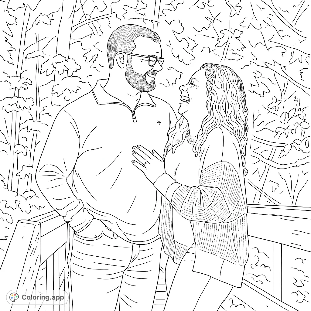A heartwarming free printable coloring page featuring a joyful couple on a rustic bridge, surrounded by nature. Perfect for love-themed coloring pages for adults.