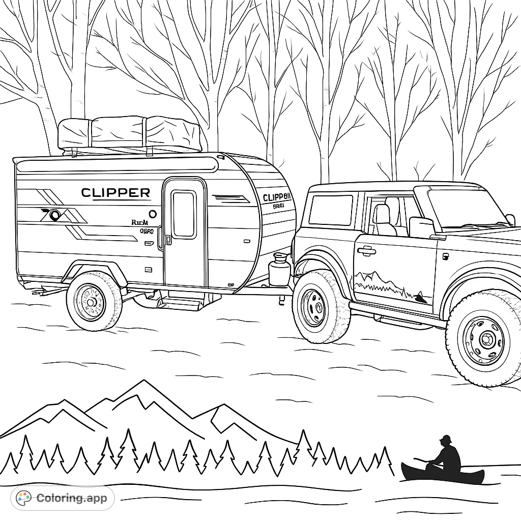 An exciting outdoor adventure coloring page featuring an SUV towing a camper trailer amidst mountains, trees, and a canoeist on water.