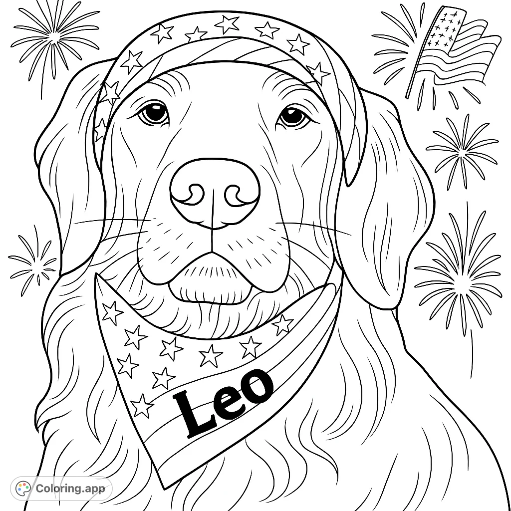 Patriotic pup coloring page! Celebrate with this cute dog wearing a stars and stripes bandana and headband, fireworks in the background.