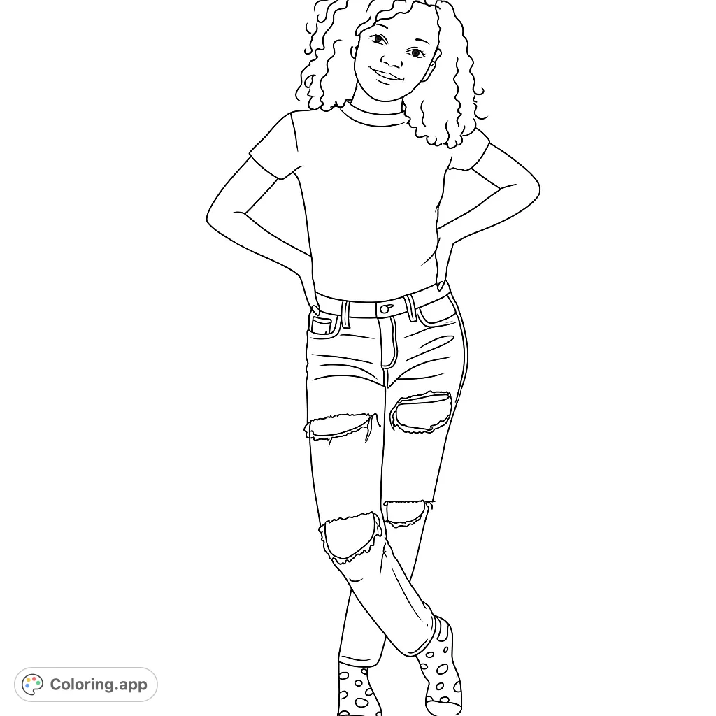 A trendy girl with curly hair and ripped jeans, hands on hips, ready for creative coloring. Perfect for fashion-forward artists.