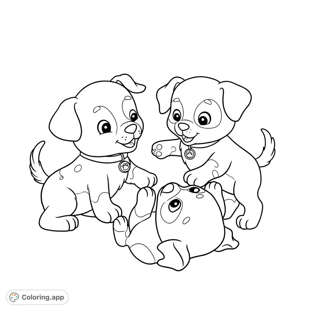 An adorable puppy trio playing together, featuring one on its back and two looking on. A delightful free printable puppy coloring page for kids.
