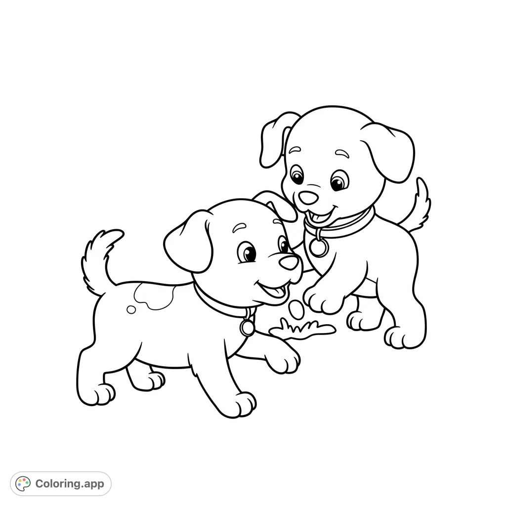 Two adorable, playful puppies with collars and bells interact over a small toy. A delightful free printable puppy coloring page for kids and adults.