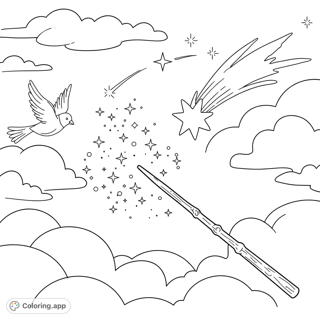 A magical scene with a wand casting stars, a flying bird, and a shooting star amidst fluffy clouds. Perfect for a whimsical coloring adventure!