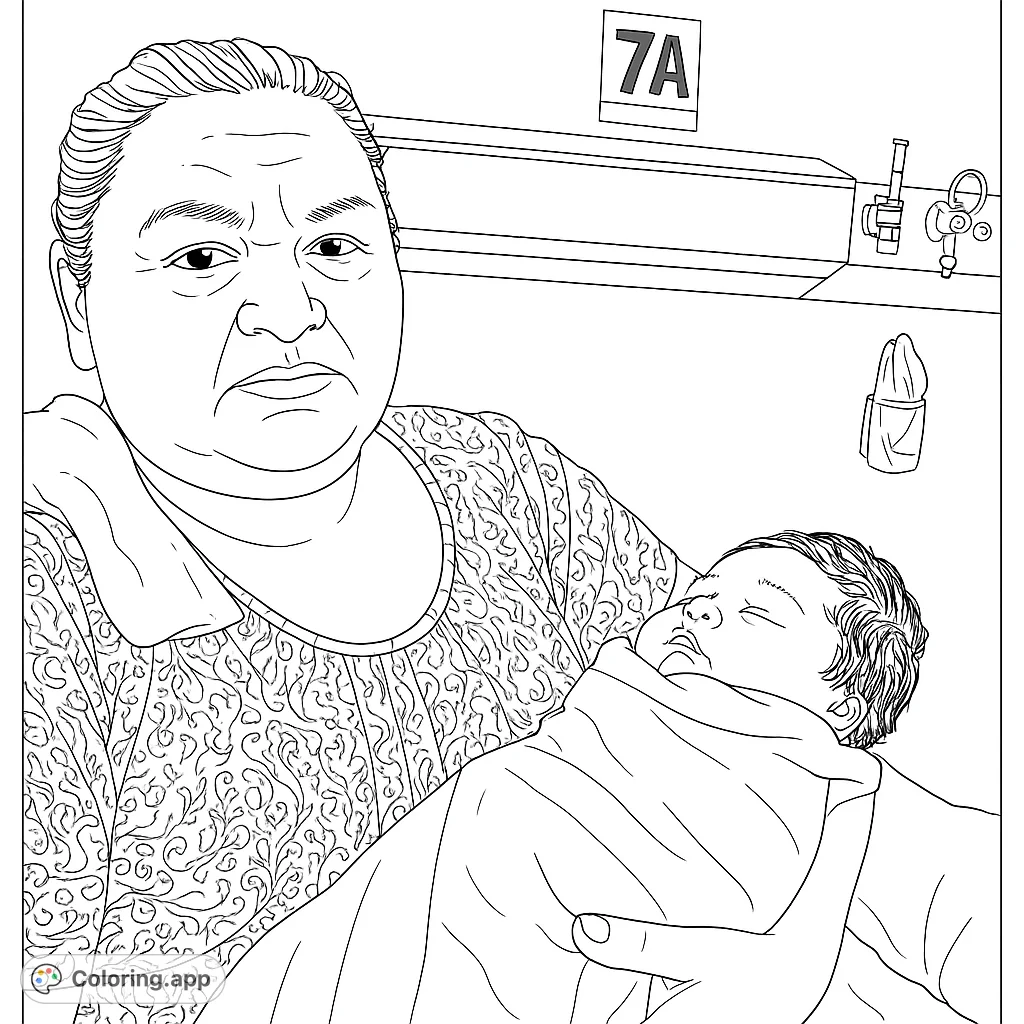 A heartwarming scene of an older woman tenderly holding a sleeping, swaddled newborn baby, perfect for a peaceful and meaningful coloring experience.