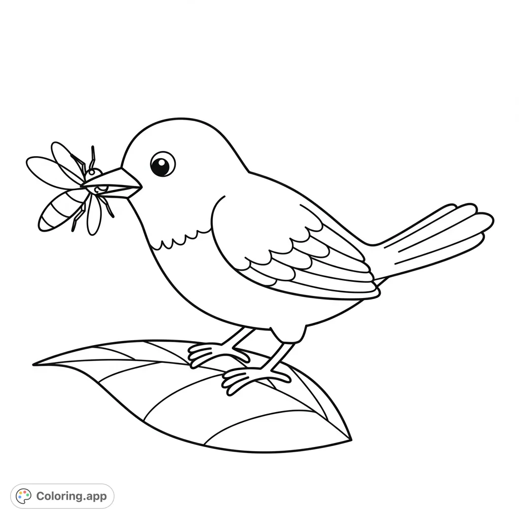 A delightful bird holds a bee while perched on a leaf. This charming nature coloring page is perfect for kids, offering a free printable coloring page experience.
