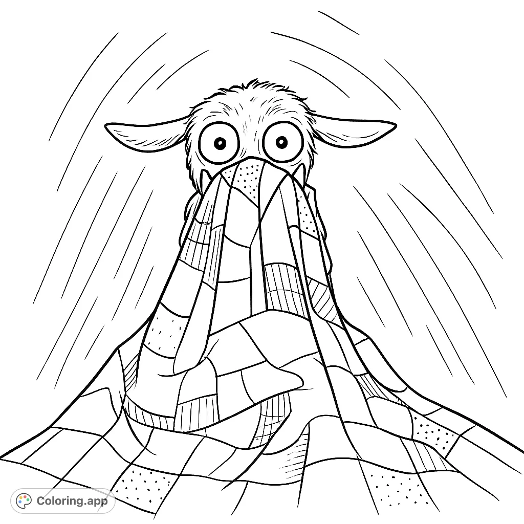 A wide-eyed, furry creature peeks nervously from under a patterned blanket, perfect for a fun and expressive coloring adventure.
