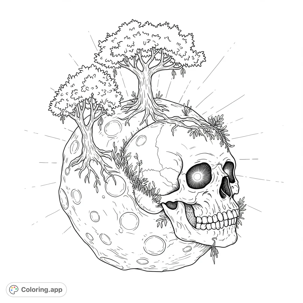 A unique cosmic skull coloring page featuring a detailed skull intertwined with a moon and growing trees, symbolizing life and death in the cosmos.
