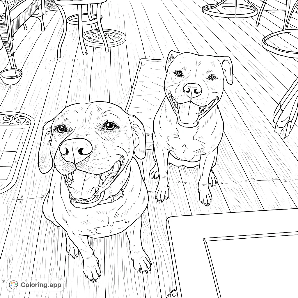 Two joyful dogs eagerly look up, ready for fun on a detailed wooden floor. A charming, free printable dog coloring page for all ages.