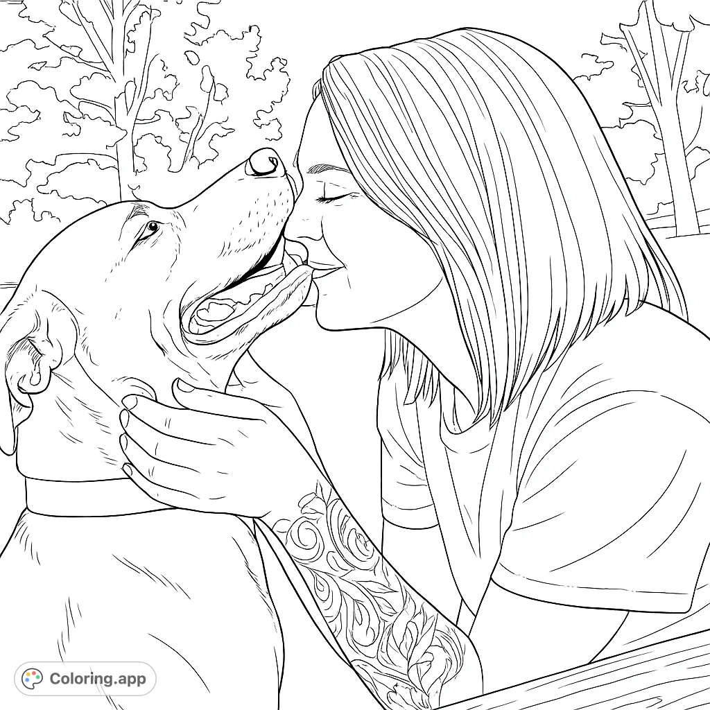 Capture a heartwarming bond: a woman smiling as her dog affectionately licks her cheek. A beautiful pet love coloring page for all ages.