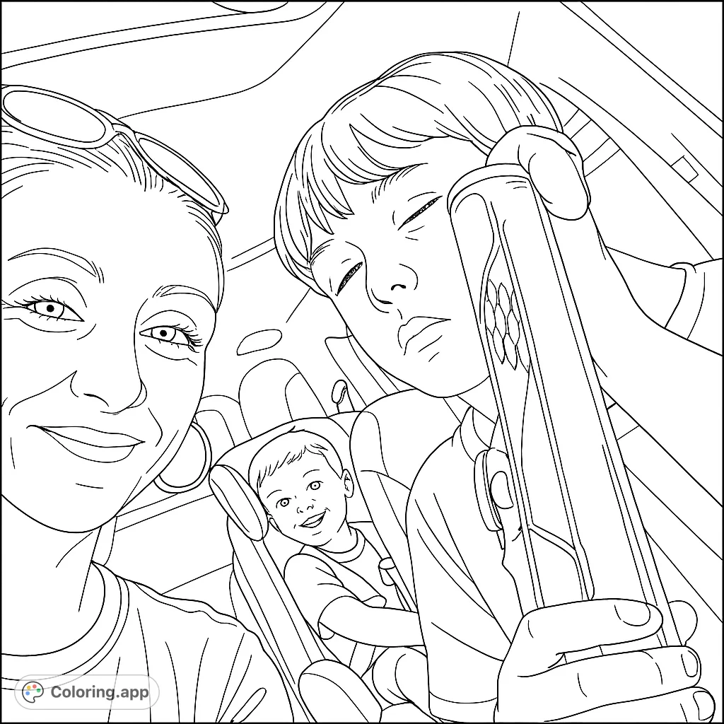 Capture family memories on the go with this car ride selfie coloring page. Features a smiling mom, a boy with a phone, and a happy child in a car seat.