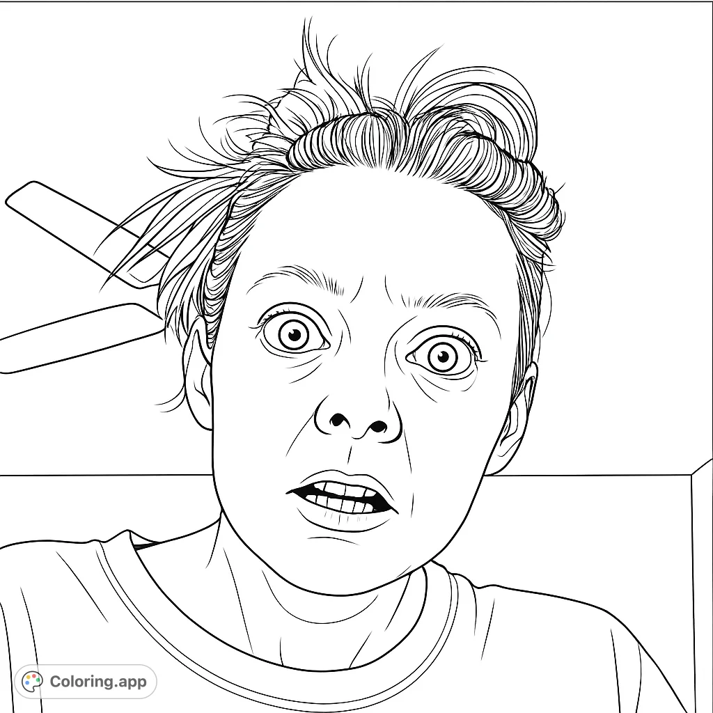 A close-up portrait of a person with a wide-eyed, startled expression and messy hair, offering a unique and expressive free printable coloring page.