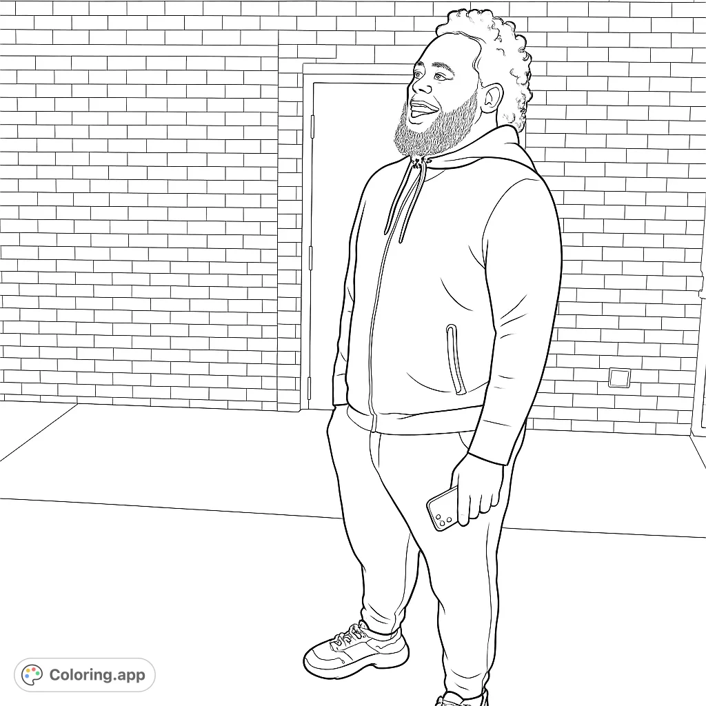 A modern man in a hoodie smiles against a brick wall, holding a phone. Perfect urban style coloring page for all ages.
