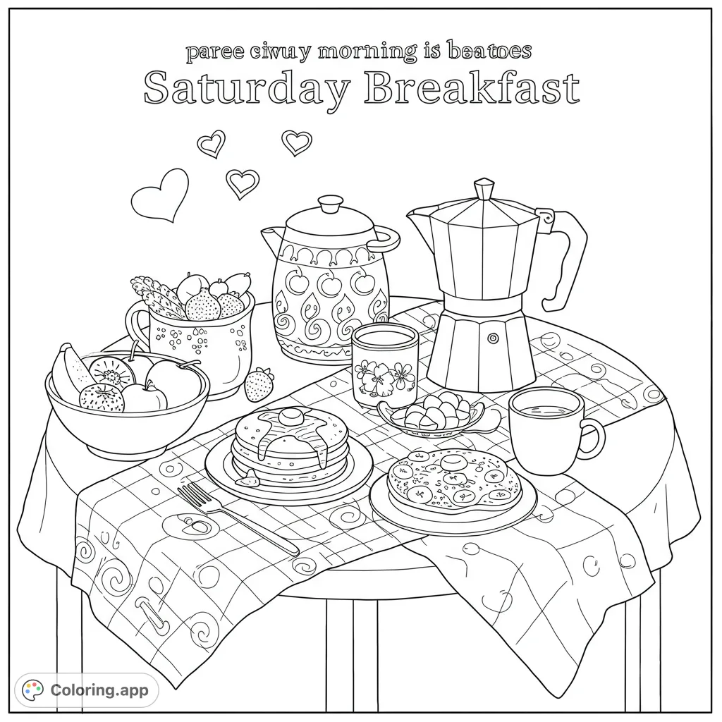 A delightful Saturday morning breakfast scene! Featuring a table laden with pancakes, fruit, and coffee.