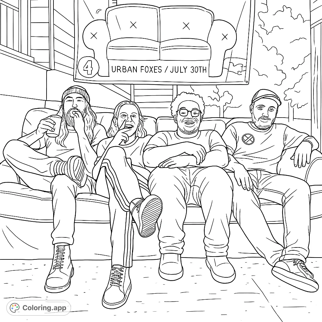 A group of friends sit on a couch, enjoying each other's company. This coloring page captures a moment of friendship and relaxation.
