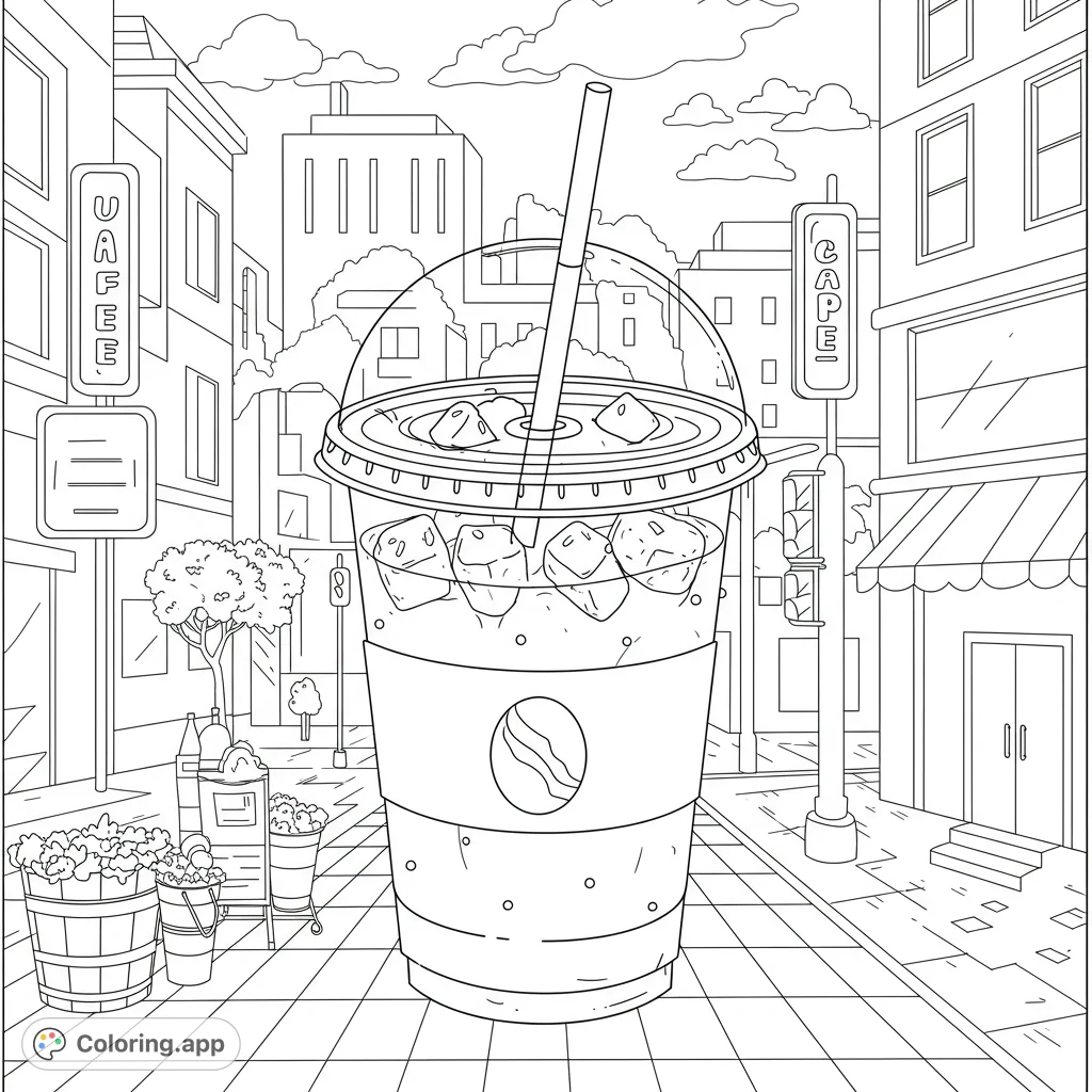 Iced coffee in an urban setting coloring page. Features detailed line art of a coffee cup, city buildings, and street elements.