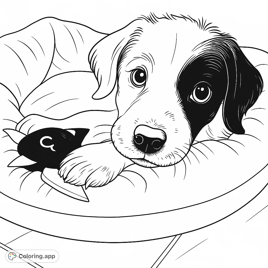 An adorable puppy curled up in its soft bed with a toy, ready for a cozy coloring adventure. Perfect for dog lovers of all ages!