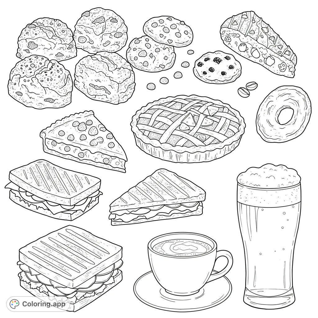 A delightful food and drink coloring page featuring an assortment of baked goods, sandwiches, coffee, and beer, perfect for a free printable coloring page.