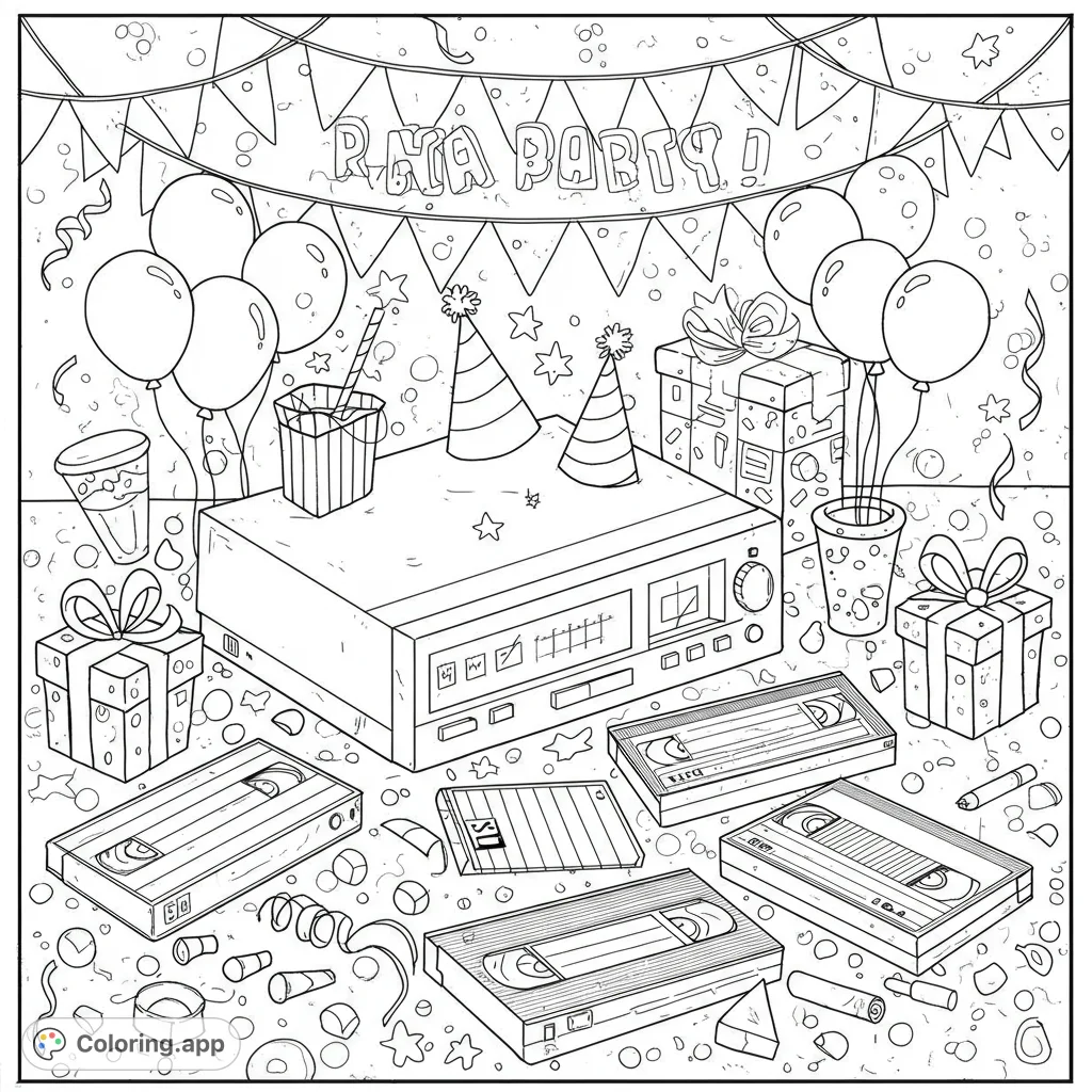 A fun retro party scene featuring a vintage VCR, classic VHS tapes, festive balloons, and scattered confetti, perfect for a nostalgic coloring experience.