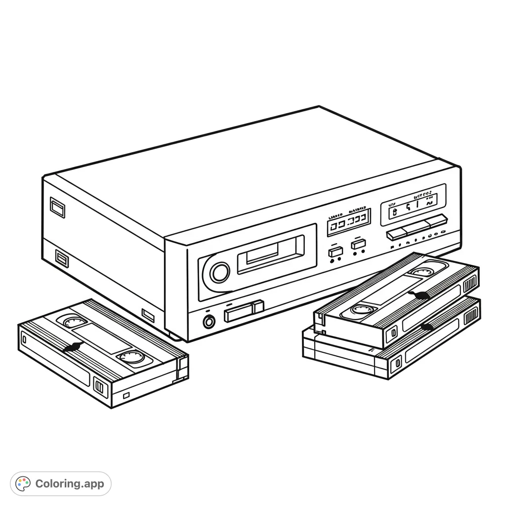 Step back in time with this retro VCR and VHS tapes coloring page. A free printable coloring page for kids and adults, perfect for nostalgia.