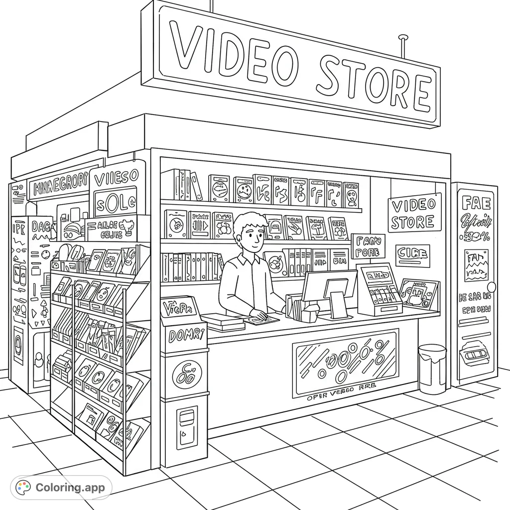 Step into a nostalgic retro video store, featuring a friendly clerk and shelves packed with classic movies. A free printable for all ages.