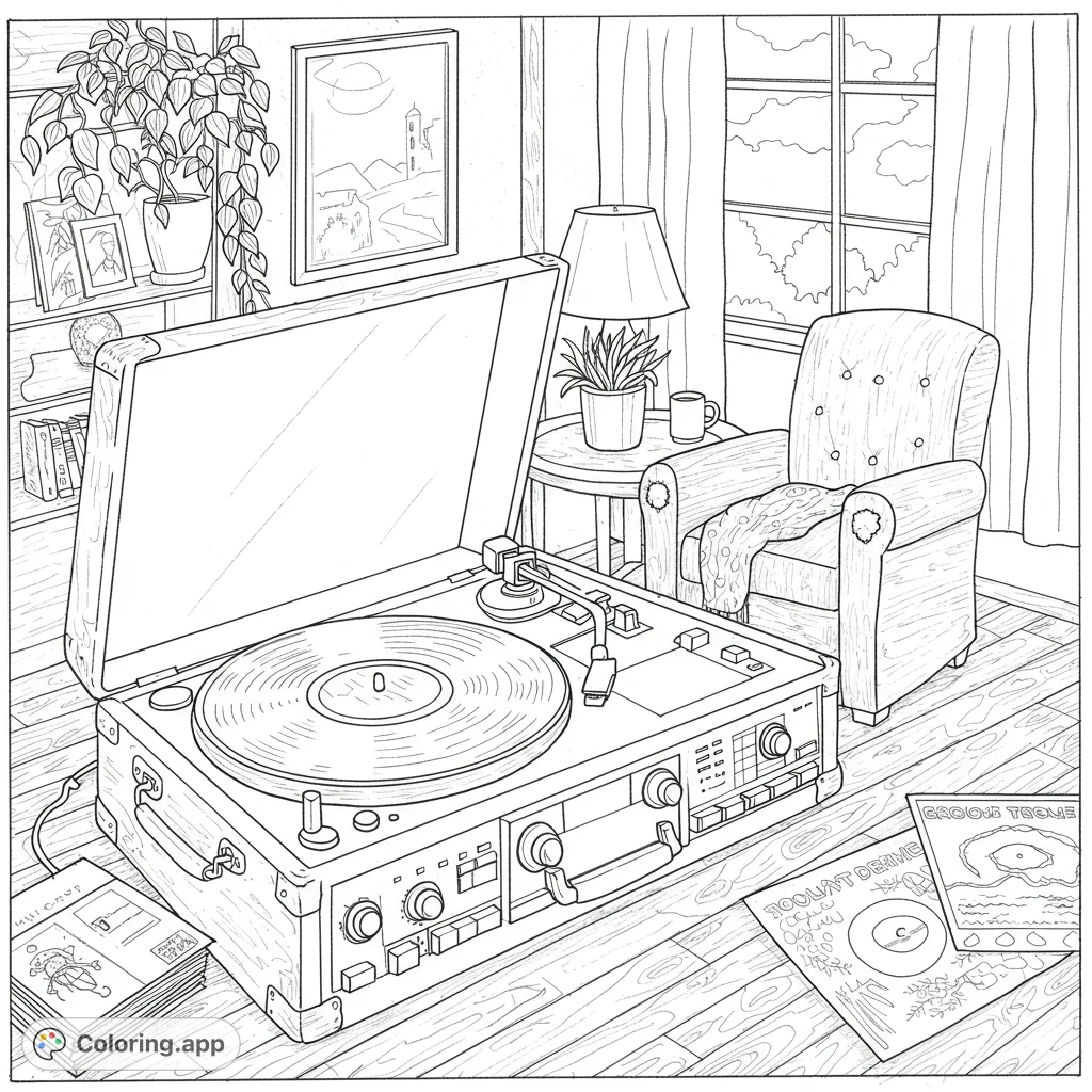 Step into a cozy retro room with a vintage record player, comfy armchair, and vinyl records. A perfect free printable coloring page for music lovers!
