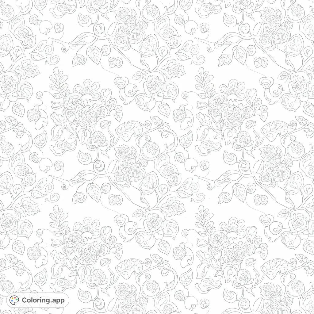 Discover an intricate botanical pattern coloring page featuring detailed flowers, swirling vines, and delicate leaves for a relaxing creative escape.