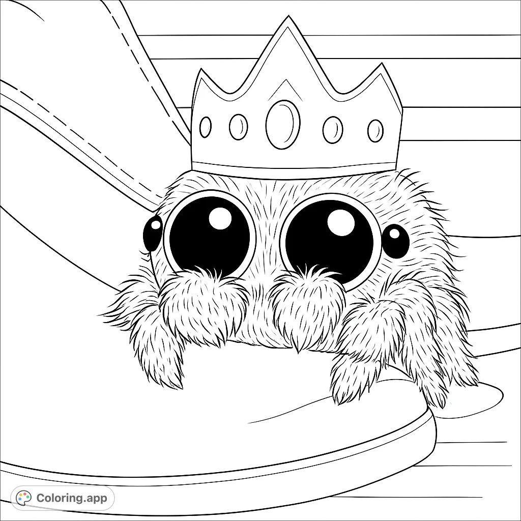 An adorable fluffy jumping spider wearing a crown, peeking over a shoe. A cute spider coloring page for kids and adults.