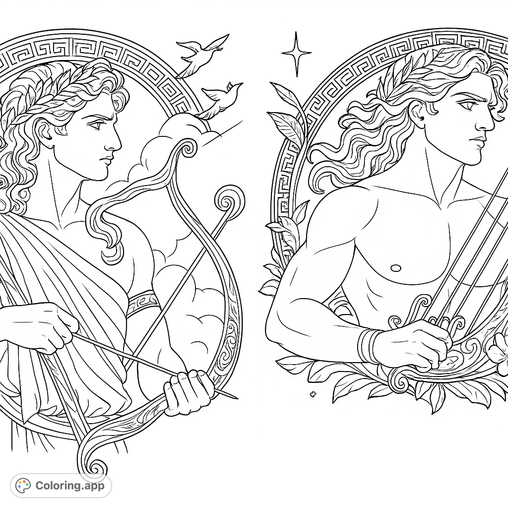 Two majestic Greek mythological figures, one with a bow and arrow, the other with a lyre, framed by intricate classical patterns and natural elements.