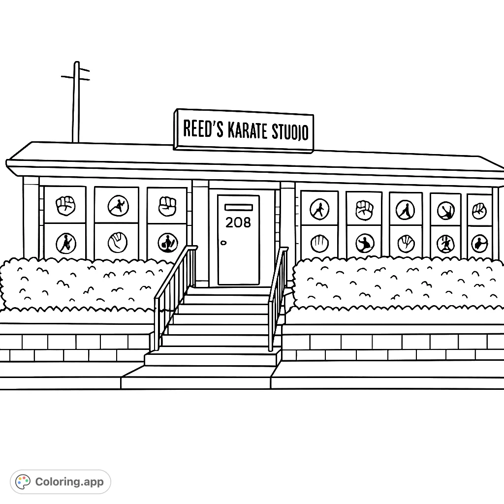 Detailed coloring page of Tracy's Karate Studio. A fun architectural design with a martial arts theme.