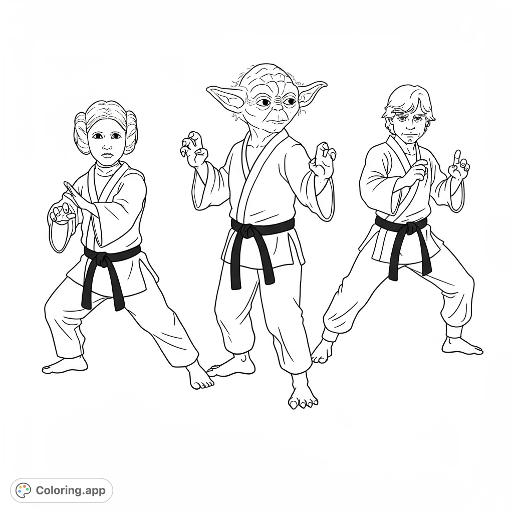 Star Wars characters Yoda, Leia, and Luke in karate uniforms, ready for coloring! Bold lines and open spaces make this a fun, detailed activity for fans.