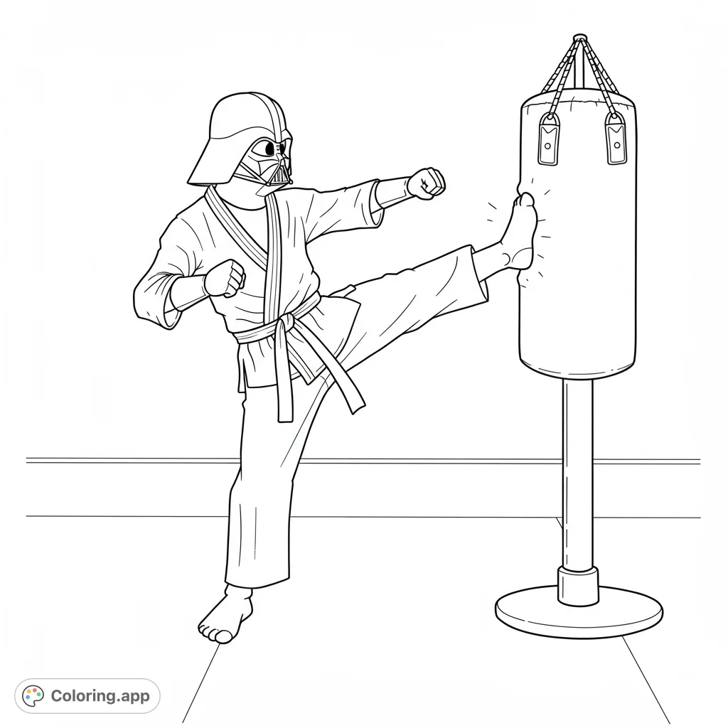 Darth Vader practices karate in a dojo! This black and white line art coloring page features the Sith Lord punching a kickbag.