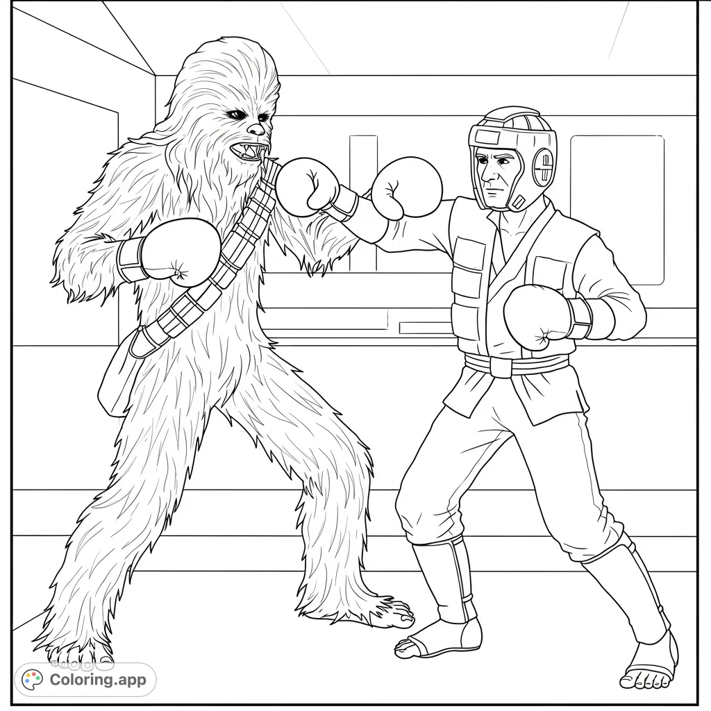 Chewbacca and Han Solo spar in a dojo! This black and white line art coloring page features the iconic duo in sparring gear, ready for action.