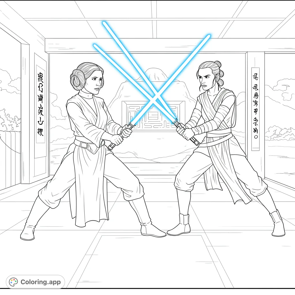 Princess Leia and Rey from Star Wars engage in a dynamic lightsaber duel within a traditional dojo setting. A detailed black and white line art coloring page.