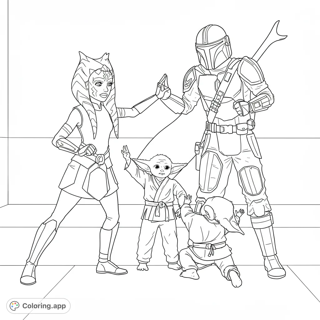An epic Star Wars coloring page featuring Ahsoka, Mandalorian, and Grogu. A free printable coloring page for fans of all ages, perfect for sci-fi adventure!