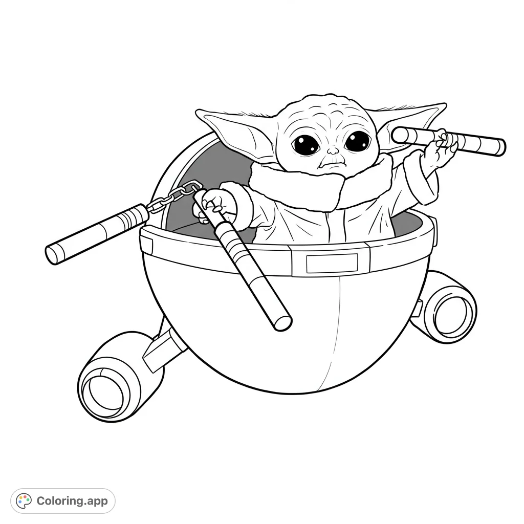 An adorable Grogu (Baby Yoda) in his floating pram, wielding nunchaku. A fun Star Wars coloring page for fans of all ages.