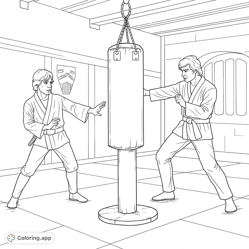 Dynamic martial arts training scene featuring two figures practicing with a punching bag in a dojo. A free printable sci-fi training coloring page for all ages.